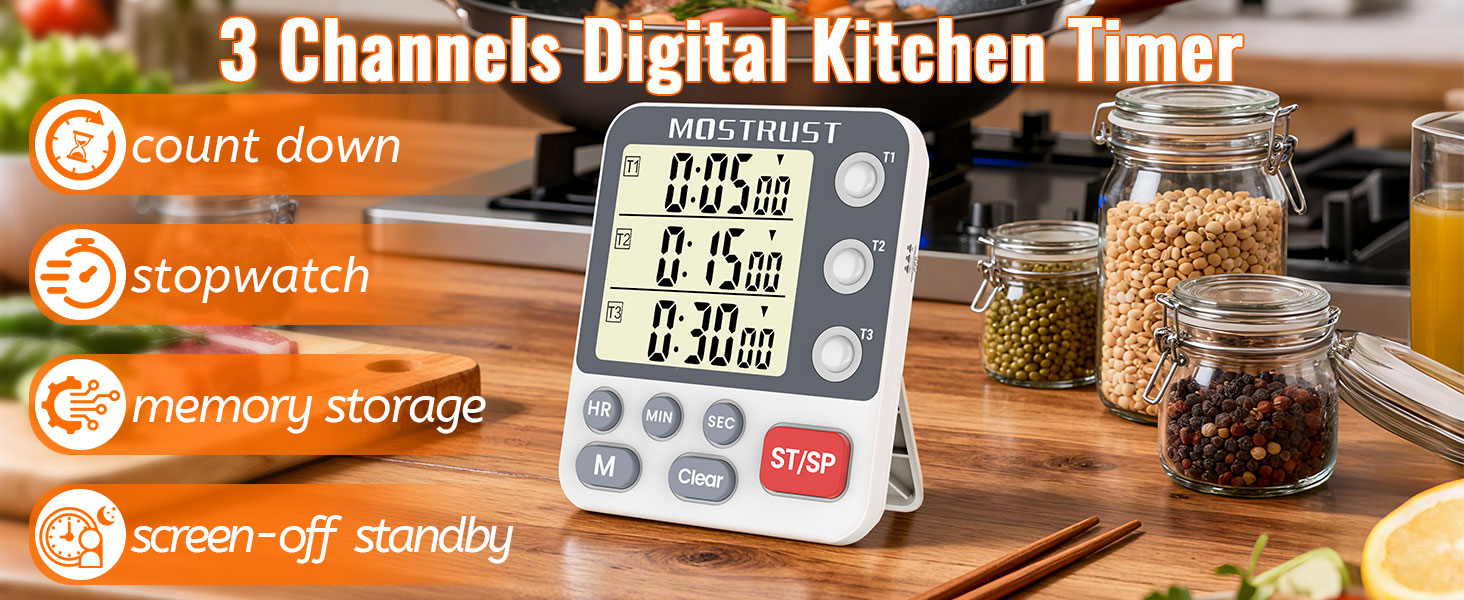 Digital Dual Kitchen Timer, 3 Channels Countdown Triple Timer for Cooking, Magnetic Memory-Preset Large Display Adjustable Alarm Volume, Multi Times Management, 3A Battery Included, White