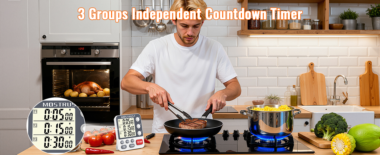 Digital Dual Kitchen Timer, 3 Channels Countdown Triple Timer for Cooking, Magnetic Memory-Preset Large Display Adjustable Alarm Volume, Multi Times Management, 3A Battery Included, White