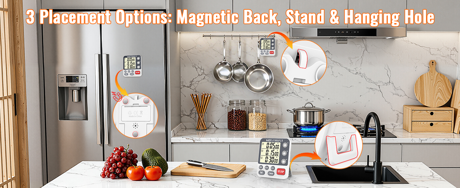 Digital Dual Kitchen Timer, 3 Channels Countdown Triple Timer for Cooking, Magnetic Memory-Preset Large Display Adjustable Alarm Volume, Multi Times Management, 3A Battery Included, White