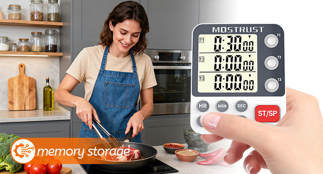 Digital Dual Kitchen Timer, 3 Channels Countdown Triple Timer for Cooking, Magnetic Memory-Preset Large Display Adjustable Alarm Volume, Multi Times Management, 3A Battery Included, White