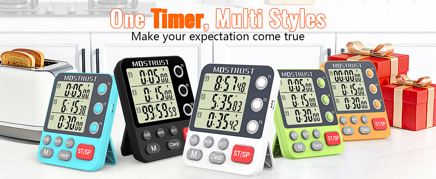 Digital Dual Kitchen Timer, 3 Channels Countdown Triple Timer for Cooking, Magnetic Memory-Preset Large Display Adjustable Alarm Volume, Multi Times Management, 3A Battery Included, White