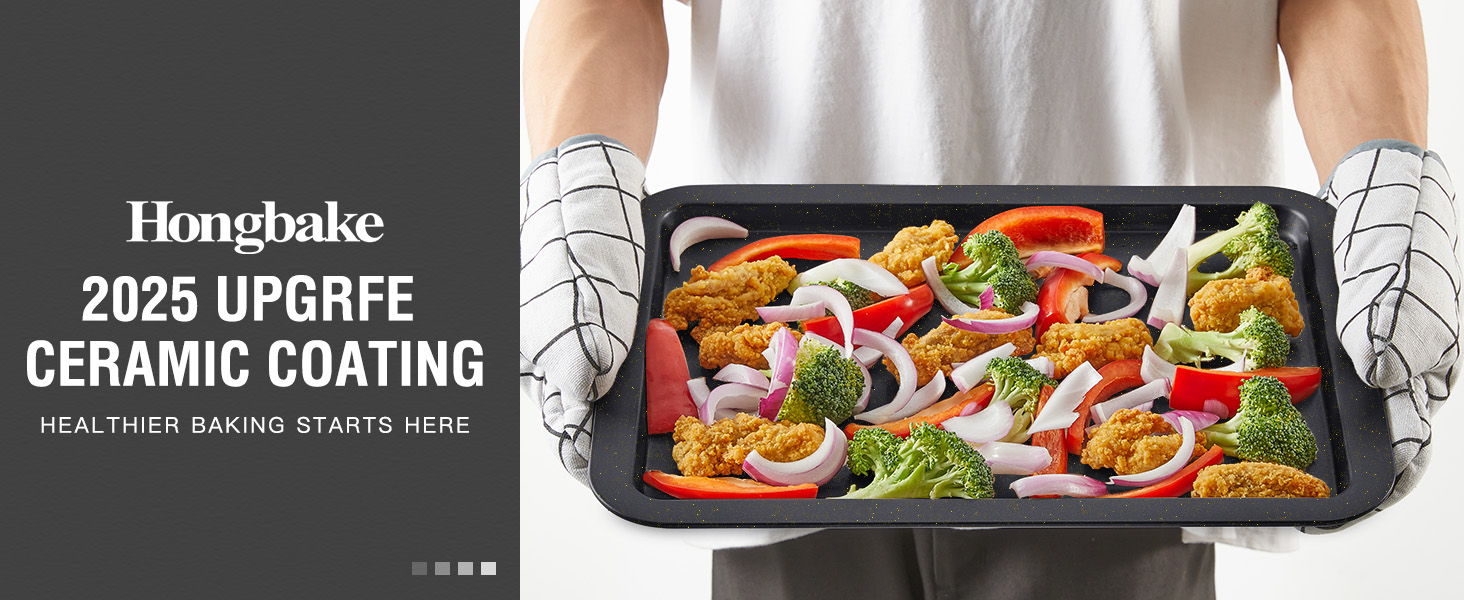 HONGBAKE Ceramic Baking Sheet Pan Set, Cookie Sheet for Oven, Bakeware Sets with Wider Grips, 3 Pack Half/Jelly Roll/Quarter Baking Tray, Premium, Dishwasher Safe - Dark Grey