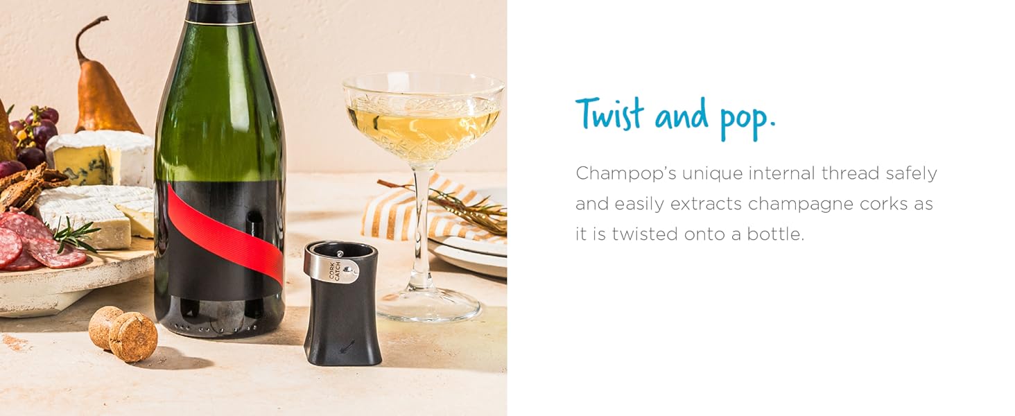 Dreamfarm Champop Safe, Fast, & Easy Champagne Bottle Opener, Cork Popper & Catcher - Black