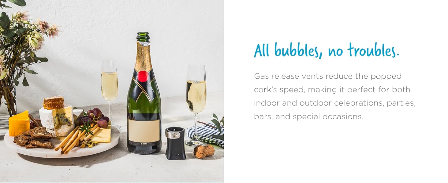 Dreamfarm Champop Safe, Fast, & Easy Champagne Bottle Opener, Cork Popper & Catcher - Black