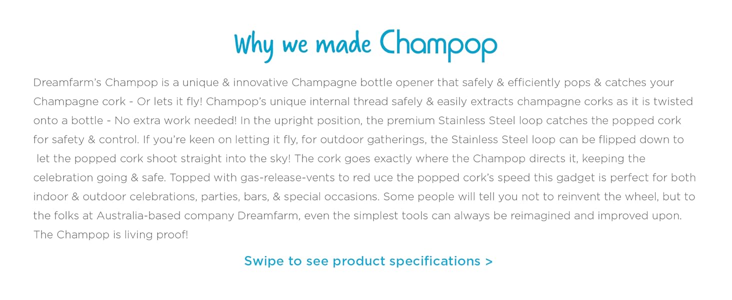 Dreamfarm Champop Safe, Fast, & Easy Champagne Bottle Opener, Cork Popper & Catcher - Black