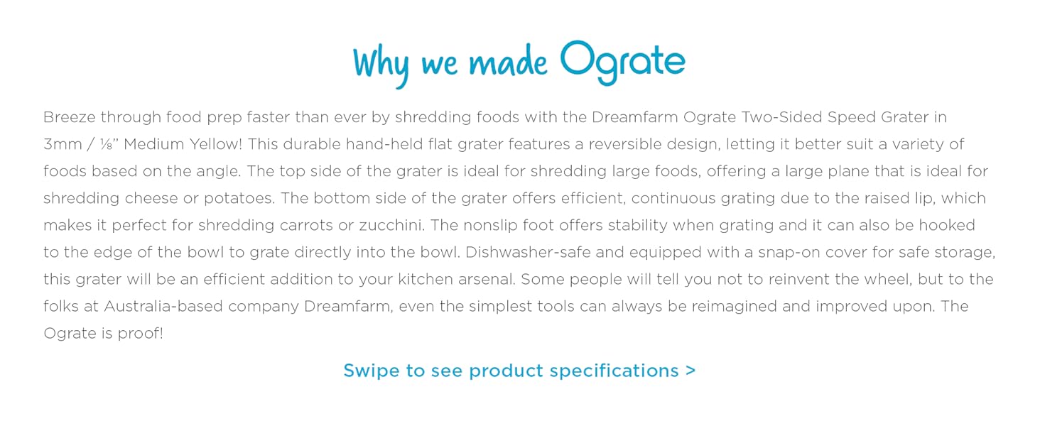 Dreamfarm Ograte Two-Sided Medium Food & Vegetable Speed-Grater with Non-Slip Bowl Hook & Foot - 3mm Medium Grater, Yellow