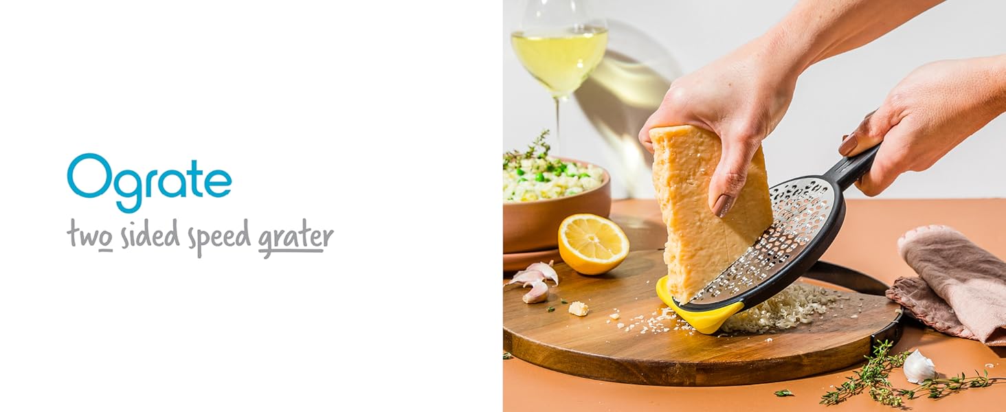 Dreamfarm Ograte Two-Sided Medium Food & Vegetable Speed-Grater with Non-Slip Bowl Hook & Foot - 3mm Medium Grater, Yellow