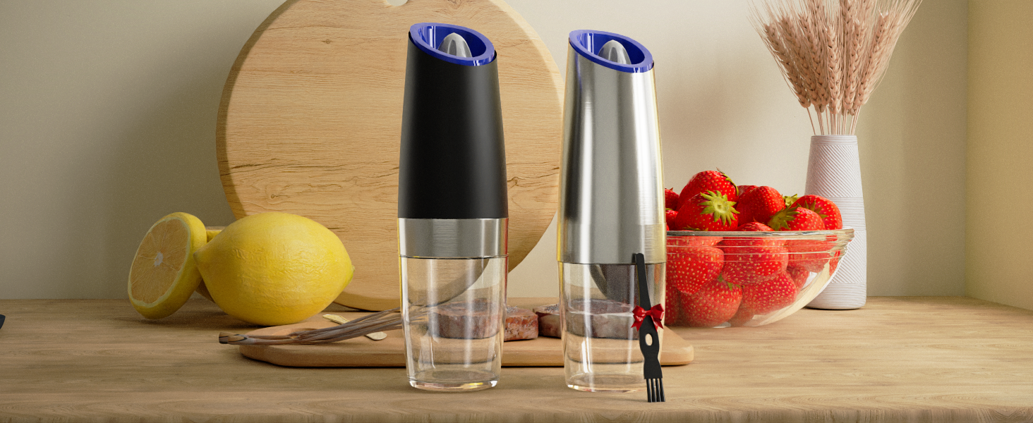 Gravity Electric Salt and Pepper Grinder Set, Battery Powered LED Light One Hand Automatic Operation, Adjustable Coarseness Mill Grinders Shakers Black (A.Black 2p)