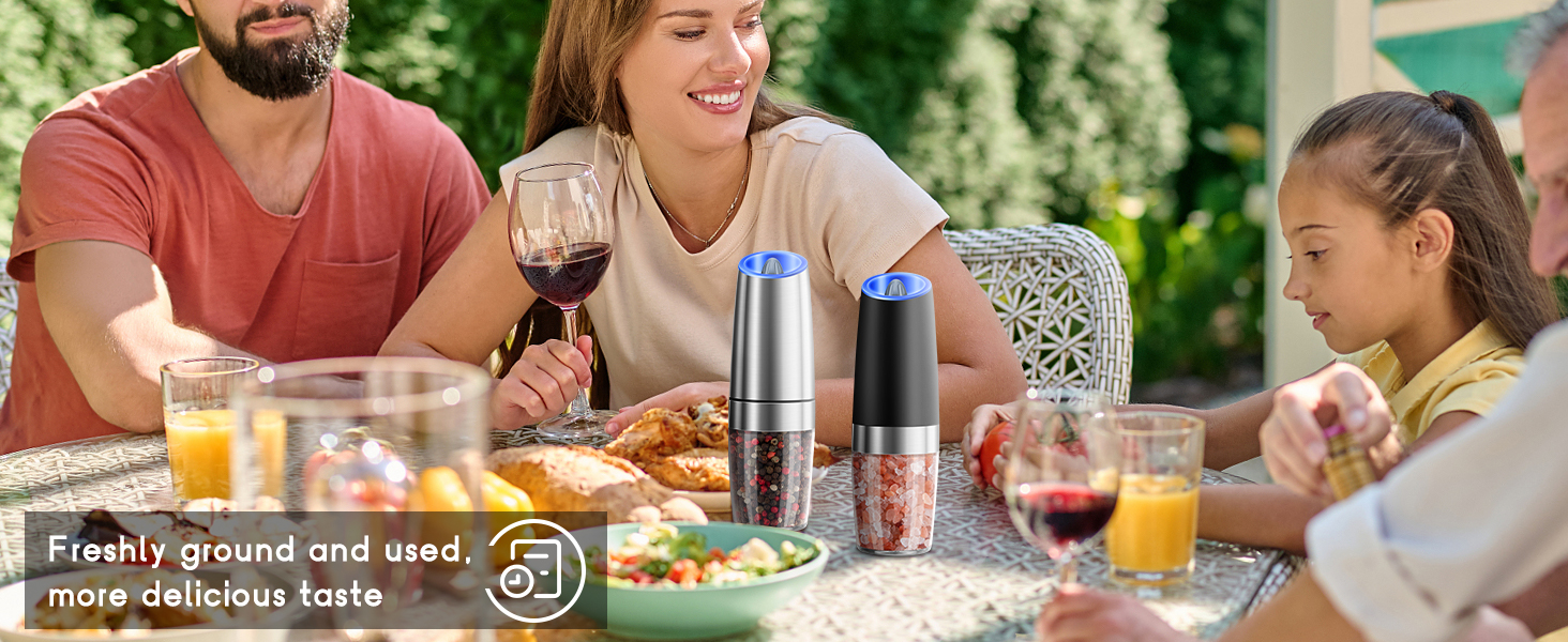 Gravity Electric Salt and Pepper Grinder Set, Battery Powered LED Light One Hand Automatic Operation, Adjustable Coarseness Mill Grinders Shakers Black (A.Black 2p)