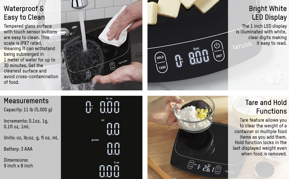Taylor Waterproof Digital Kitchen Scale, 11 pounds, Black