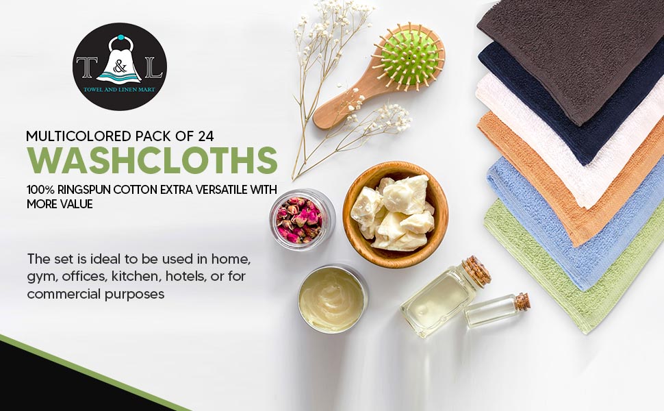 Towel and Linen Mart 100% Cotton - 24 Pack Wash Cloth Set - Flannel Face Cloths, Highly Absorbent and Soft Feel Fingertip Towels (Multi, Pack of 24)