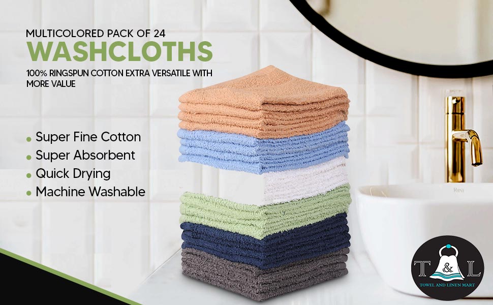Towel and Linen Mart 100% Cotton - 24 Pack Wash Cloth Set - Flannel Face Cloths, Highly Absorbent and Soft Feel Fingertip Towels (Multi, Pack of 24)