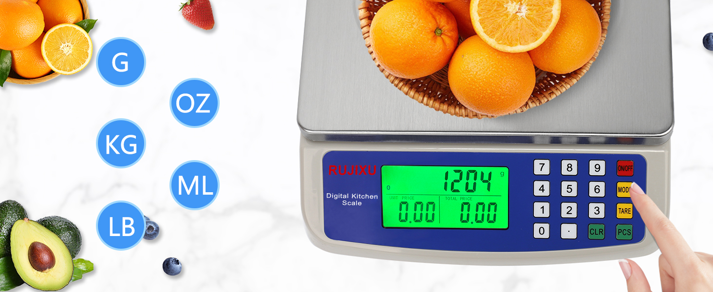 Large Digital Kitchen Scale 30KG Commercial Food Scale 66LB for Baking Bread Meat Stainless Steel Price Computing Scale LCD Display,Prep Counting Scale for Parts and Coins Adapter Included