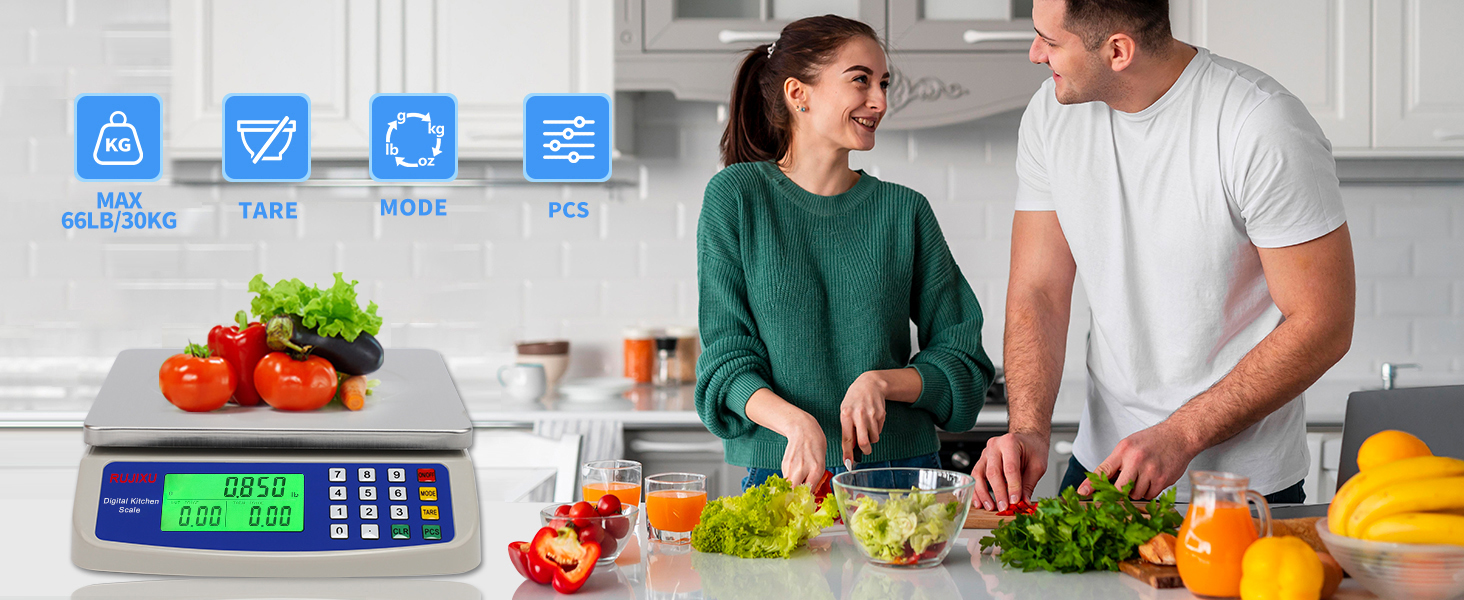 Large Digital Kitchen Scale 30KG Commercial Food Scale 66LB for Baking Bread Meat Stainless Steel Price Computing Scale LCD Display,Prep Counting Scale for Parts and Coins Adapter Included