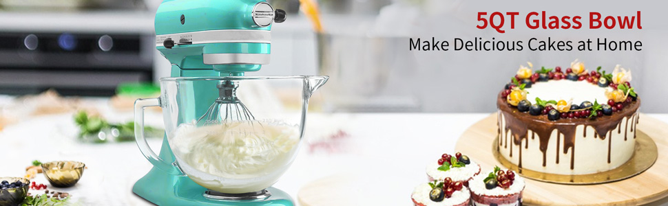 Glass Mixer Bowl For Kitchenaid Tilt-Head Stand Mixers 4.5-5 Quart, 5 qt Mixing Bowl Replacement For Kitchen aid With Measurement Markings,Handle