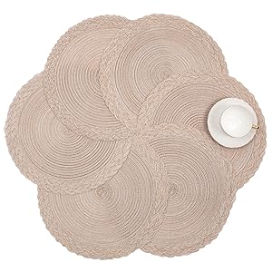 SHACOS 15 inch Round Placemats Set of 6 Boho Woven Braided Border Table Mats Washable Heat Resistant Circle Place Mats for Dining Table, Beige