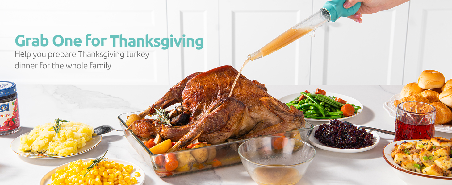 U-Taste 1.5oz Angled Turkey Baster - 228.2℉ Heat Resistant Food Grade Tritan and Silicone Large Octopus Bulb Baster Set with Cleaning Brush for Cooking Basting Meat Poultry Beef Chicken (Aqua Sky)