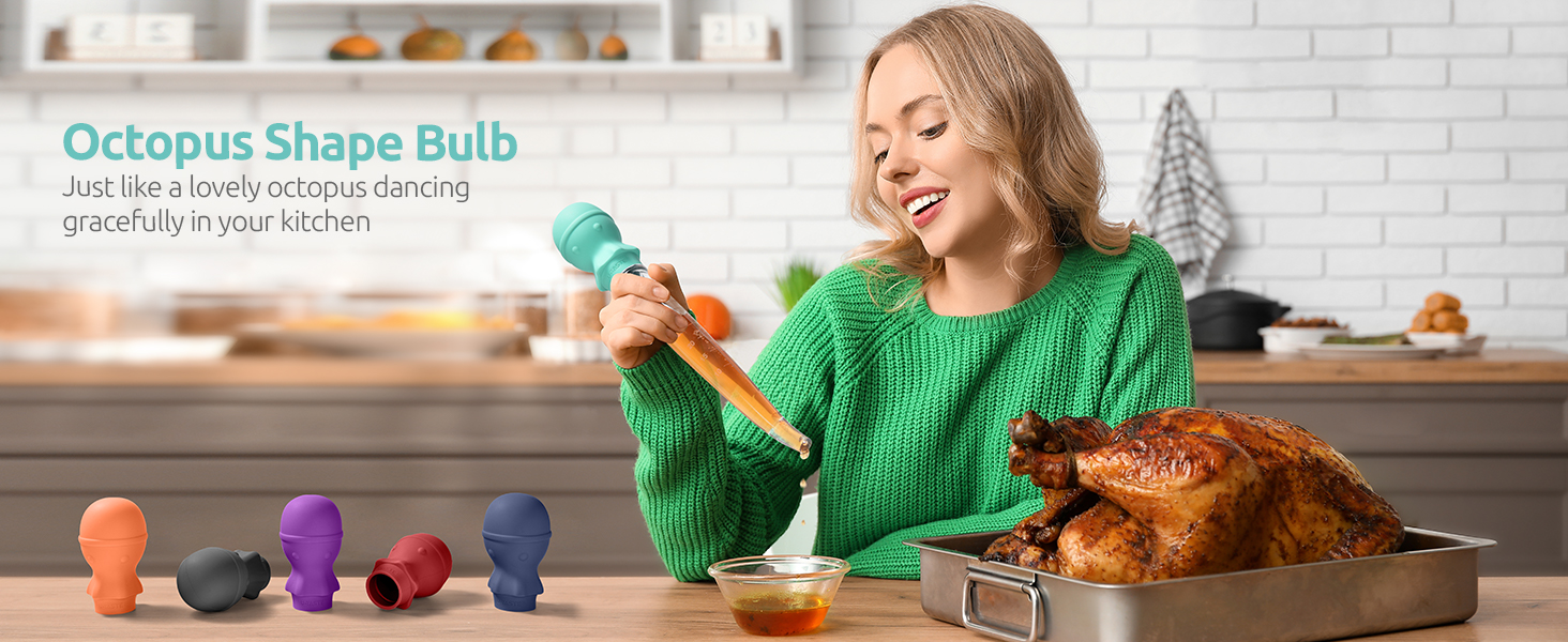 U-Taste 1.5oz Angled Turkey Baster - 228.2℉ Heat Resistant Food Grade Tritan and Silicone Large Octopus Bulb Baster Set with Cleaning Brush for Cooking Basting Meat Poultry Beef Chicken (Aqua Sky)