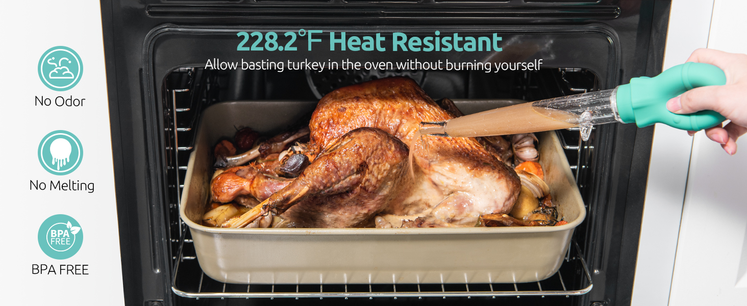 U-Taste 1.5oz Angled Turkey Baster - 228.2℉ Heat Resistant Food Grade Tritan and Silicone Large Octopus Bulb Baster Set with Cleaning Brush for Cooking Basting Meat Poultry Beef Chicken (Aqua Sky)