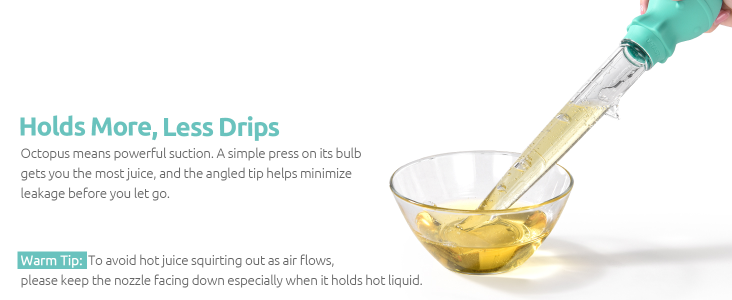 U-Taste 1.5oz Angled Turkey Baster - 228.2℉ Heat Resistant Food Grade Tritan and Silicone Large Octopus Bulb Baster Set with Cleaning Brush for Cooking Basting Meat Poultry Beef Chicken (Aqua Sky)