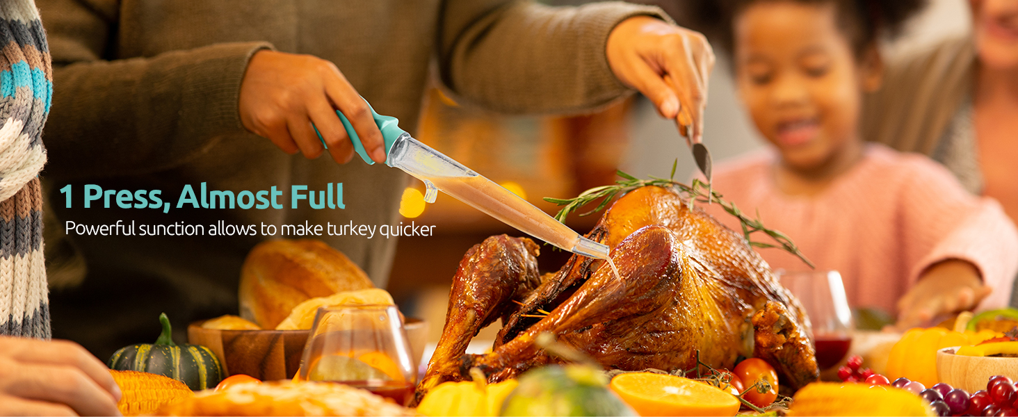 U-Taste 1.5oz Angled Turkey Baster - 228.2℉ Heat Resistant Food Grade Tritan and Silicone Large Octopus Bulb Baster Set with Cleaning Brush for Cooking Basting Meat Poultry Beef Chicken (Aqua Sky)