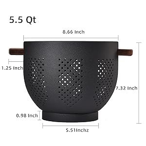 Metal Colander with Wood Handle and Stable Base, Powder Coated Steel Kitchen Strainer Basket for Draining Pasta, Vegetable and fruit(5.5quart,Matte Black)