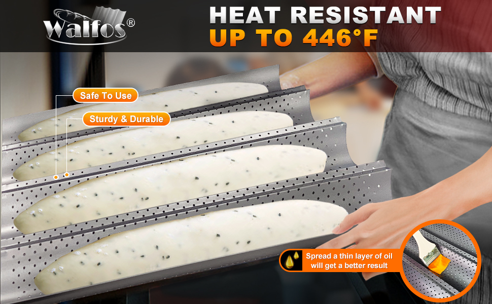 Walfos 2 Pack Nonstick Baguette Pans, No Coating Coming Off, Perforated 4 Loaves French Bread Pan, Long-lasting Baguettes Bakery Tray for Baking Molding, 15