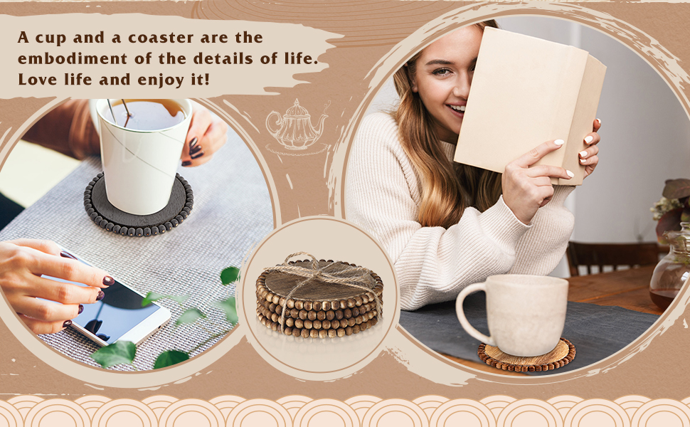 Honeydak 4 Pieces Wood Beaded Coasters 3.9 Inch Round Rustic Farmhouse Wooden Coasters for Drinks Decorative Table Top Wood Bar for Housewarming Home Kitchen(Beige)