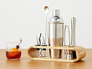 Amazon Basics 10-Piece Stainless Steel Cocktail Shaker Bar Tool Set with Bamboo Stand Holder, Home Bar Drink Mixing Accessories, Housewarming Gift