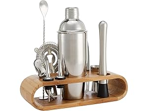 Amazon Basics 10-Piece Stainless Steel Cocktail Shaker Bar Tool Set with Bamboo Stand Holder, Home Bar Drink Mixing Accessories, Housewarming Gift
