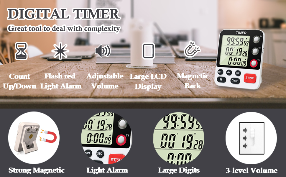 Digital 3 Channels Kitchen Cooking Multiple Timer with Large LCD Count Up Down Stopwatch ON Off Switch Timer for Teaching Reading 3-Level Adjustable Volume with Magnetic Back (Style C)