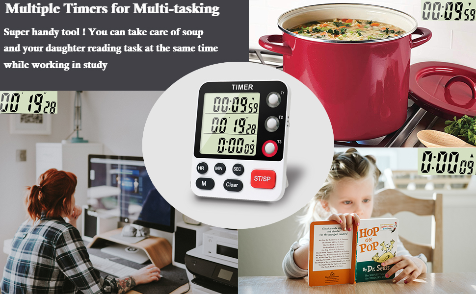 Digital 3 Channels Kitchen Cooking Multiple Timer with Large LCD Count Up Down Stopwatch ON Off Switch Timer for Teaching Reading 3-Level Adjustable Volume with Magnetic Back (Style C)