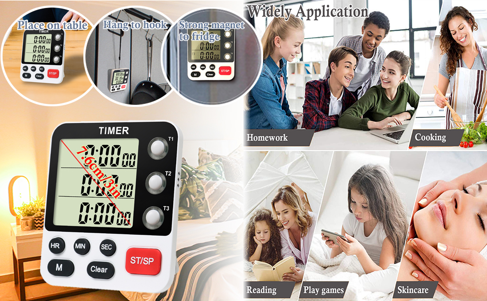 Digital 3 Channels Kitchen Cooking Multiple Timer with Large LCD Count Up Down Stopwatch ON Off Switch Timer for Teaching Reading 3-Level Adjustable Volume with Magnetic Back (Style C)
