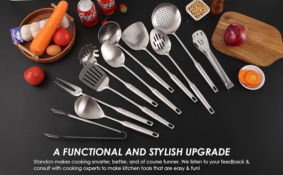 18/10 Stainless Steel Kitchen Utensils Set - 15” All Metal Cooking Tools, 11PCS - 2 Tongs, Fork, Solid Spoon, Slotted Spoon, Spatula, Soup Ladle, Skimmer, Slotted Spatula, Spaghetti Spoon, Large Spoon