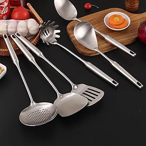 18/10 Stainless Steel Kitchen Utensils Set - 15” All Metal Cooking Tools, 11PCS - 2 Tongs, Fork, Solid Spoon, Slotted Spoon, Spatula, Soup Ladle, Skimmer, Slotted Spatula, Spaghetti Spoon, Large Spoon
