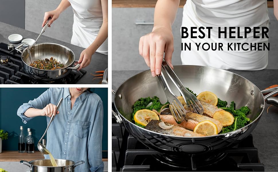 18/10 Stainless Steel Kitchen Utensils Set - 15” All Metal Cooking Tools, 11PCS - 2 Tongs, Fork, Solid Spoon, Slotted Spoon, Spatula, Soup Ladle, Skimmer, Slotted Spatula, Spaghetti Spoon, Large Spoon