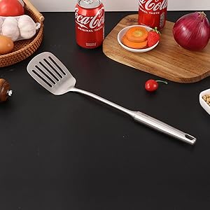 18/10 Stainless Steel Kitchen Utensils Set - 15” All Metal Cooking Tools, 11PCS - 2 Tongs, Fork, Solid Spoon, Slotted Spoon, Spatula, Soup Ladle, Skimmer, Slotted Spatula, Spaghetti Spoon, Large Spoon