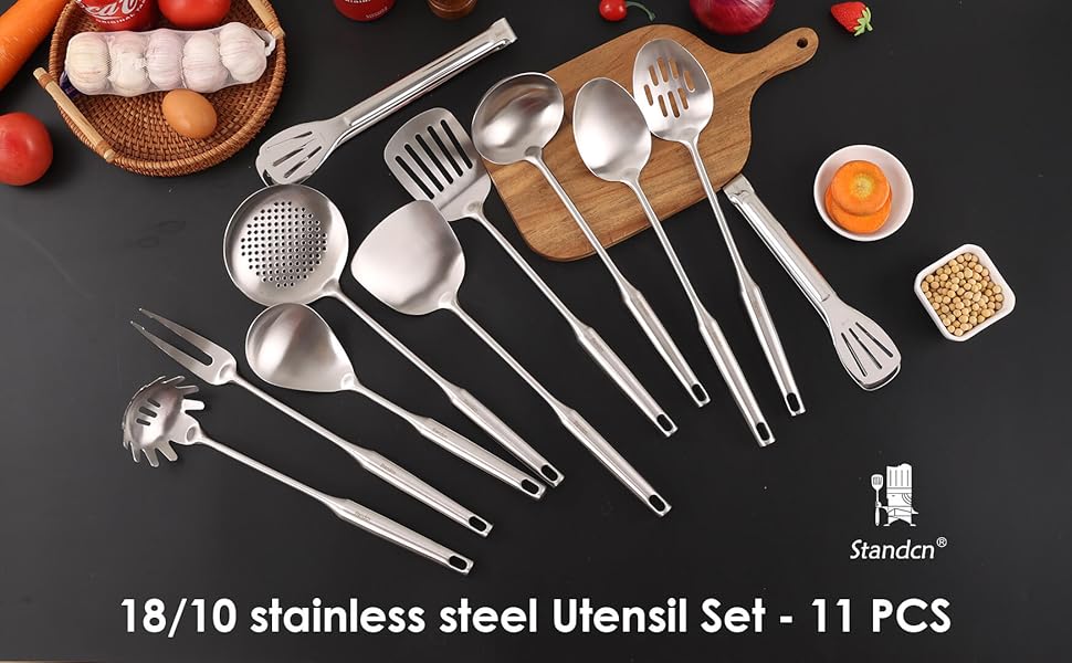 18/10 Stainless Steel Kitchen Utensils Set - 15” All Metal Cooking Tools, 11PCS - 2 Tongs, Fork, Solid Spoon, Slotted Spoon, Spatula, Soup Ladle, Skimmer, Slotted Spatula, Spaghetti Spoon, Large Spoon