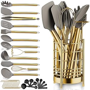 Gold Kitchen Utensils Set, Berglander 38 Pieces Non-stick Silicone Cooking Tools Spoon Spatula Set With Sturdy Stainless Steel Utensil Holder, Dishwasher Safe