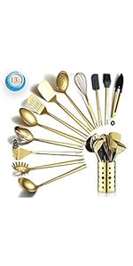 Gold Spaghetti Spoon, Berglander Non-stick Silicone Pasta Server With Titanium Gold Plating Handle, Spaghetti Server For Cooking, Pasta Fork, Noddle Fork, Dishwasher Safe, Easy to Clean