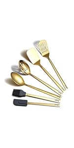 Gold Spaghetti Spoon, Berglander Non-stick Silicone Pasta Server With Titanium Gold Plating Handle, Spaghetti Server For Cooking, Pasta Fork, Noddle Fork, Dishwasher Safe, Easy to Clean