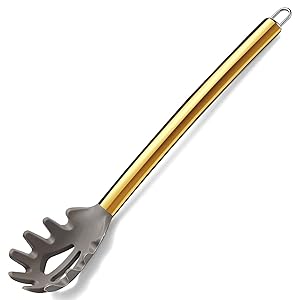 Gold Spaghetti Spoon, Berglander Non-stick Silicone Pasta Server With Titanium Gold Plating Handle, Spaghetti Server For Cooking, Pasta Fork, Noddle Fork, Dishwasher Safe, Easy to Clean