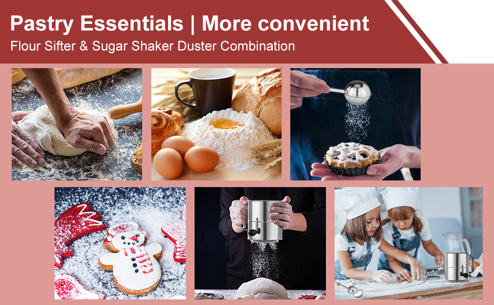 PIQUEBAR Flour Sifter - 5 Cup Fine Mesh Hand Crank Sifter Stainless Steel with Agitator Wire Loop for Baking, Powdered Sugar Duster Set