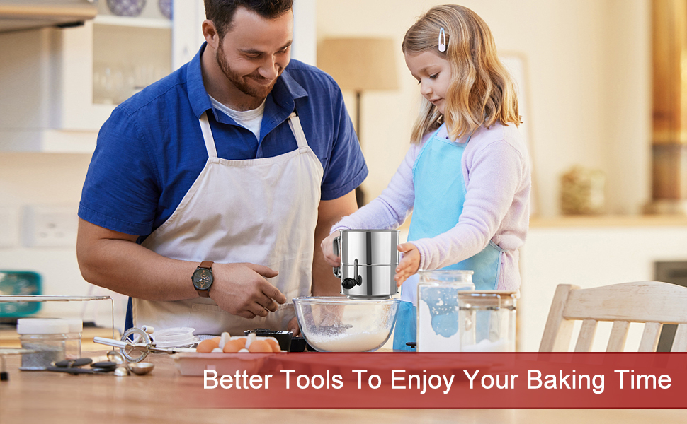 PIQUEBAR Flour Sifter - 5 Cup Fine Mesh Hand Crank Sifter Stainless Steel with Agitator Wire Loop for Baking, Powdered Sugar Duster Set