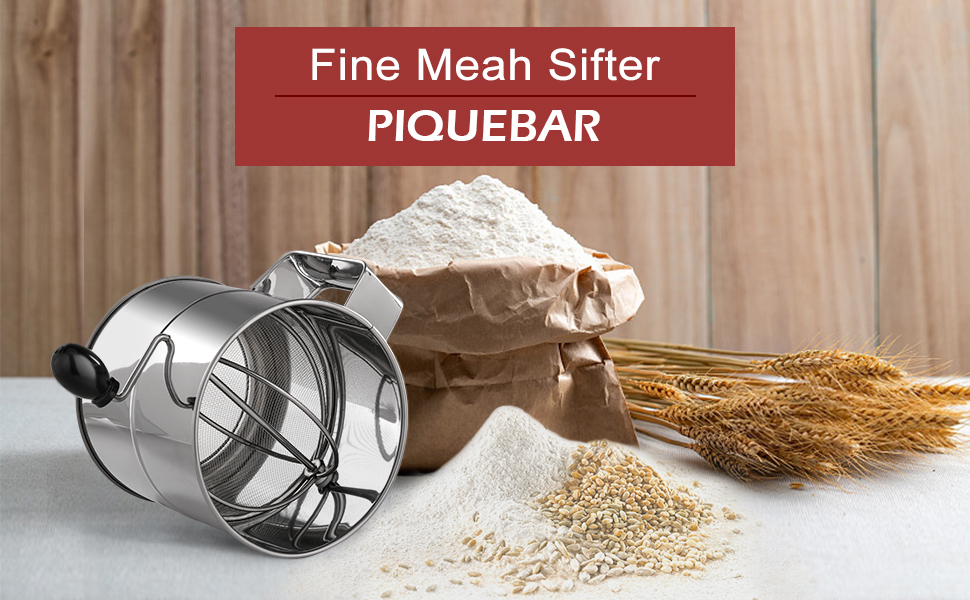 PIQUEBAR Flour Sifter - 5 Cup Fine Mesh Hand Crank Sifter Stainless Steel with Agitator Wire Loop for Baking, Powdered Sugar Duster Set