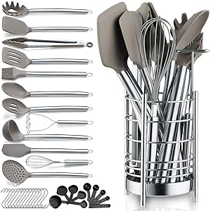 Berglander 38-Piece Non-Stick Silicone Cooking Utensils Set, Kitchen Tools Set, Stainless Steel Utensil Holder, Dishwasher Safe