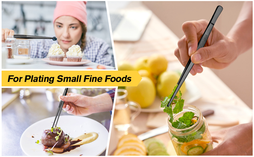 4 Pcs Fine Long Tweezer Tongs Professional Black, 12'' and 10'' Stainless Steel for Kitchen, Food, Cooking, Repairing, Sea food and BBQ