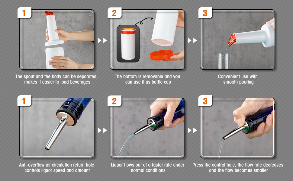 Chengu Fruit Juice Pour Bottles 34 oz Plastic Liquor Bar Supplies with Stainless Steel Bottle Pourer Tapered Spout for Cocktail Bartending Liquor Juice Store(Bright Colors,3 Pack)