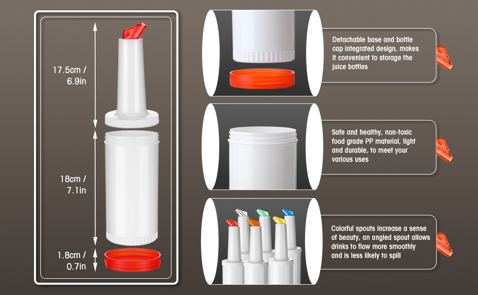 Chengu Fruit Juice Pour Bottles 34 oz Plastic Liquor Bar Supplies with Stainless Steel Bottle Pourer Tapered Spout for Cocktail Bartending Liquor Juice Store(Bright Colors,3 Pack)