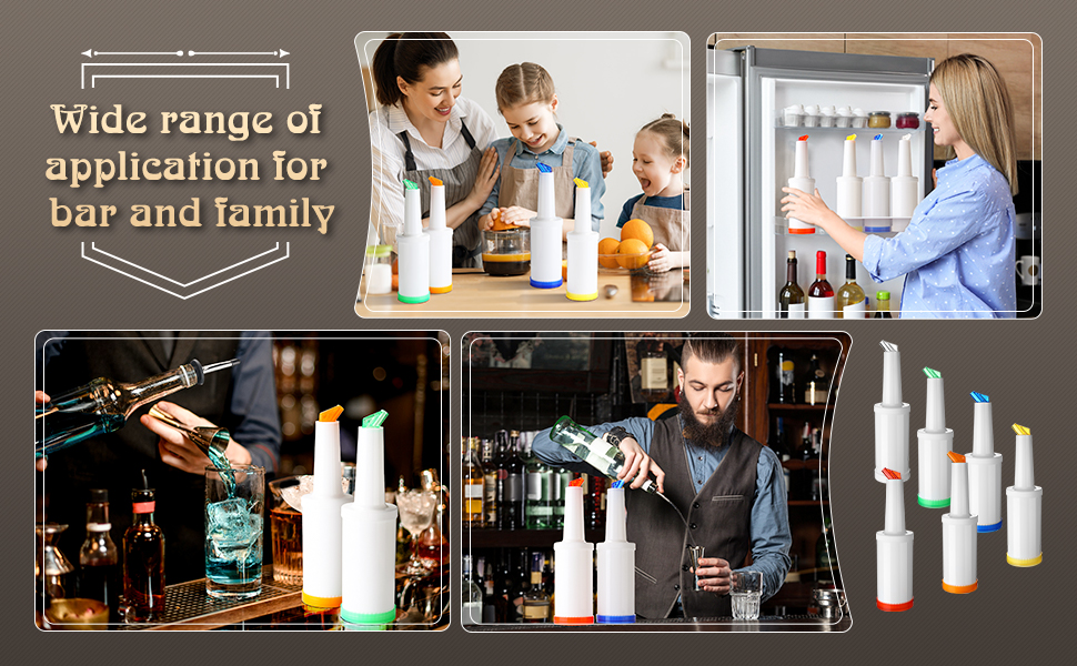 Chengu Fruit Juice Pour Bottles 34 oz Plastic Liquor Bar Supplies with Stainless Steel Bottle Pourer Tapered Spout for Cocktail Bartending Liquor Juice Store(Bright Colors,3 Pack)